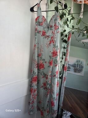 Off The Shoulder Maxi Slip Dress in Mint with Pink Rose Print